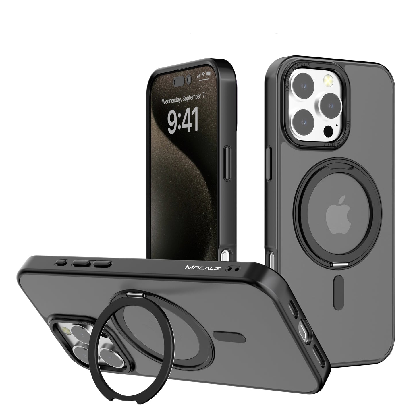 Mocalz Protector Series III Matte Phone Case with Metal Ring Kickstand for iPhone 16 Pro. Hardcover TPU/PC, Anti-Drop, Scratchproof, Shockproof Case.