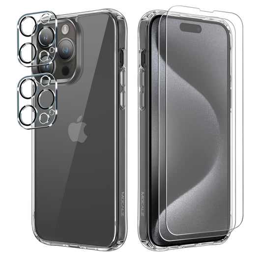 Mocalz Protector Series II Designed for iPhone 13 Pro Case, [Clear] 5 in 1 [Non Yellowing] Case with 2X Tempered Glass Screen and 2X Camera Lens Protectors, Shockproof and Air-Guard Corners (Clear Non MagSafe)