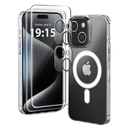 Mocalz Protector Series II Designed for iPhone 15 Plus Case, [Clear] 5 in 1 [Non Yellowing] Case with 2X Tempered Glass Screen and 2X Camera Lens Protectors, Shockproof and Air-Guard Corners (Clear MagSafe)