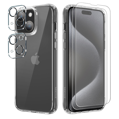 Mocalz Protector Series II Designed for iPhone 15 Plus Case, [Clear] 5 in 1 [Non Yellowing] Case with 2X Tempered Glass Screen and 2X Camera Lens Protectors, Shockproof and Air-Guard Corners (Clear Non MagSafe)