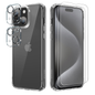 Mocalz Protector Series II Designed for iPhone 15 Plus Case, [Clear] 5 in 1 [Non Yellowing] Case with 2X Tempered Glass Screen and 2X Camera Lens Protectors, Shockproof and Air-Guard Corners (Clear Non MagSafe)