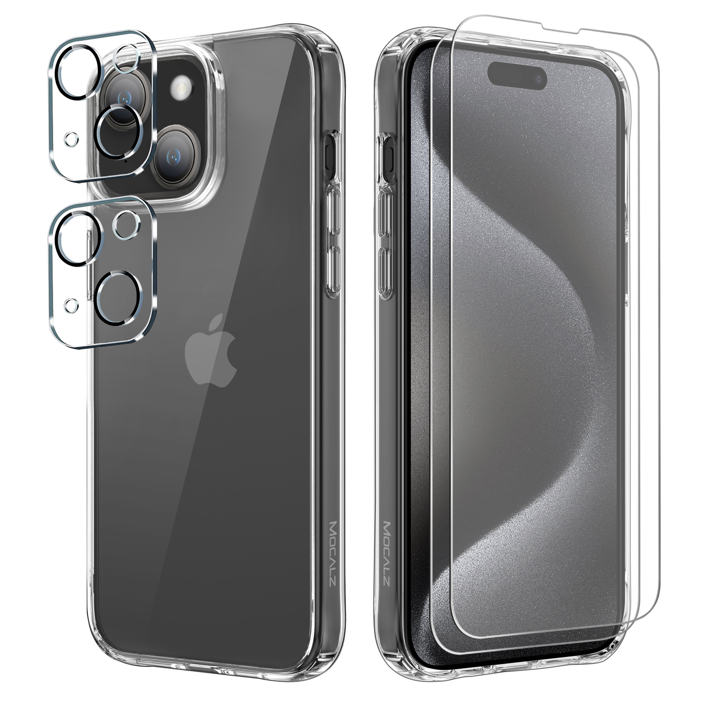 Mocalz Protector Series II Designed for iPhone 15 Case, [Clear] 5 in 1 [Non Yellowing] Case with 2X Tempered Glass Screen and 2X Camera Lens Protectors, Shockproof and Air-Guard Corners (Clear Non MagSafe)