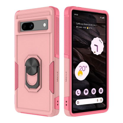 Mocalz Defender Series II Pixel 7a Phone Case with Rotatable Metal Ring Holder Kickstand | Military Grade Drop Protection, Shockproof, PC Cover with TPU Liner (Pink)