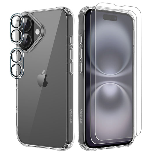 Mocalz Protector Series II Case Designed for iPhone 16 Plus , [Clear] 5 in 1 [Non Yellowing] Case with 2X Tempered Glass Screen and 2X Camera Lens Protectors, Shockproof and Air-Guard Corners