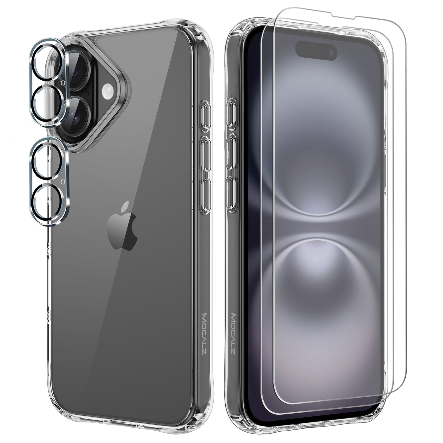 Mocalz Protector Series II Case Designed for iPhone 16, [Clear] 5 in 1 [Non Yellowing] Case with 2X Tempered Glass Screen and 2X Camera Lens Protectors, Shockproof and Air-Guard Corners