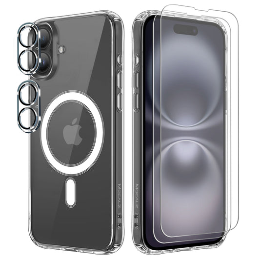 Mocalz Protector Series II Case Designed for iPhone 16, [Clear] 5 in 1 [Non Yellowing] Case with 2X Tempered Glass Screen and 2X Camera Lens Protectors, Shockproof and Air-Guard Corners