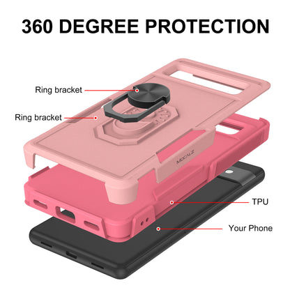 Mocalz Defender Series II Pixel 7a Phone Case with Rotatable Metal Ring Holder Kickstand | Military Grade Drop Protection, Shockproof, PC Cover with TPU Liner (Pink)