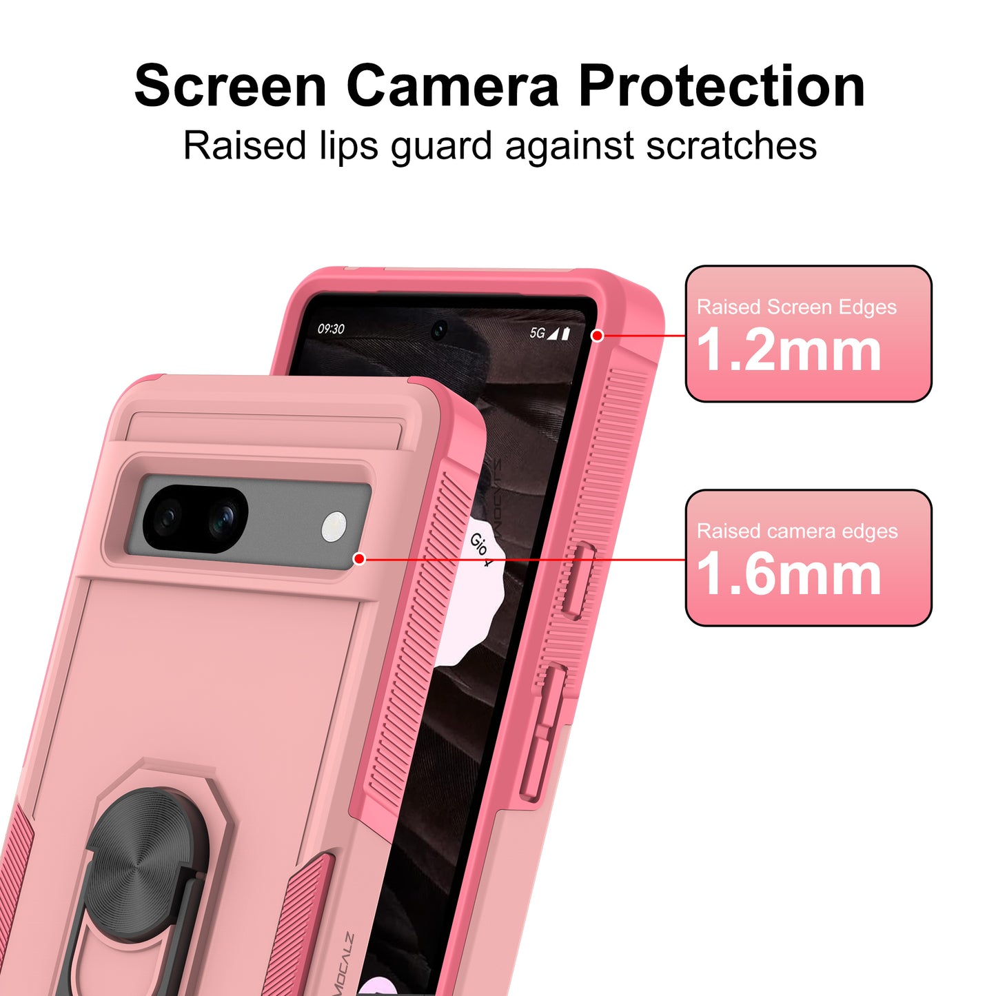 Mocalz Defender Series II Pixel 7a Phone Case with Rotatable Metal Ring Holder Kickstand | Military Grade Drop Protection, Shockproof, PC Cover with TPU Liner (Pink)