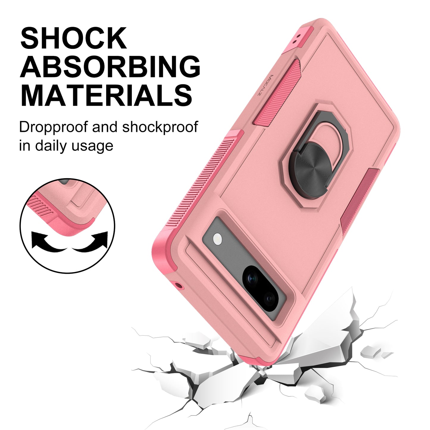 Mocalz Defender Series II Pixel 7a Phone Case with Rotatable Metal Ring Holder Kickstand | Military Grade Drop Protection, Shockproof, PC Cover with TPU Liner (Pink)