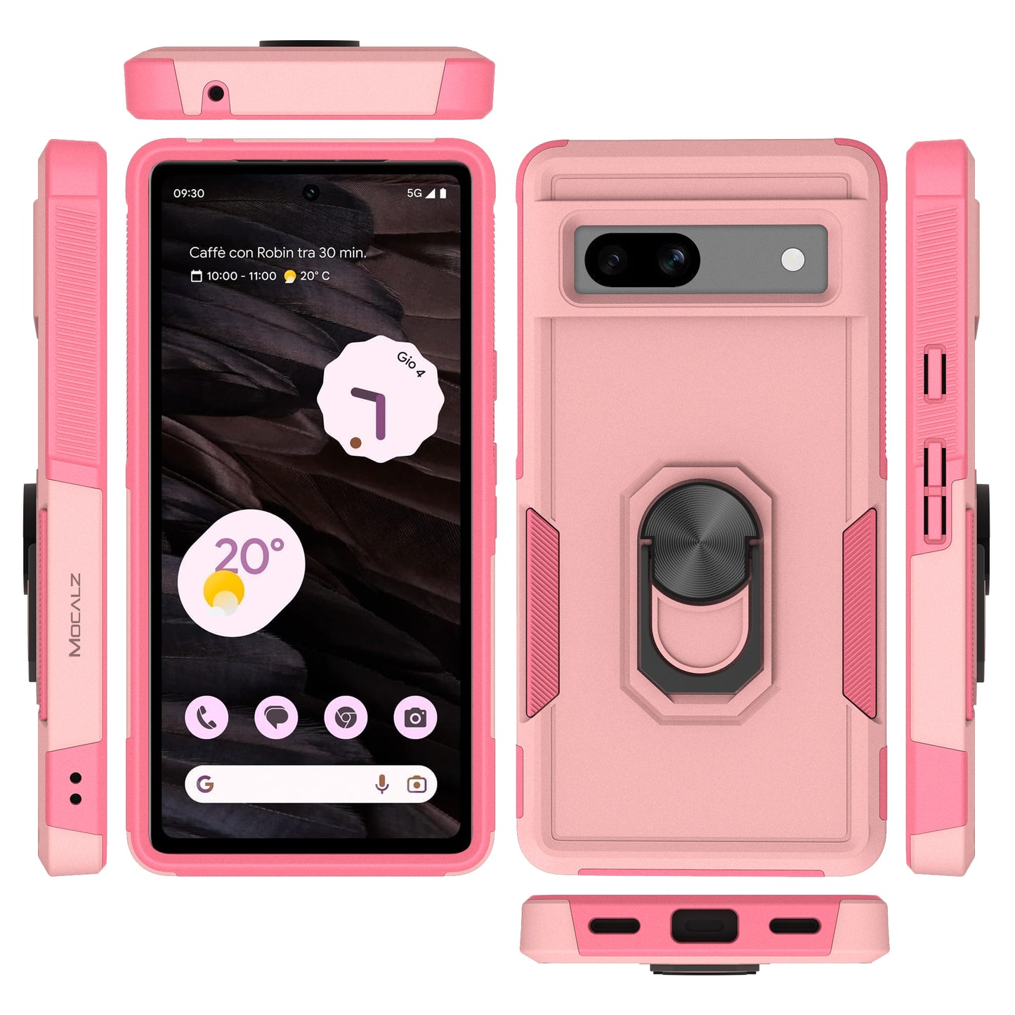 Mocalz Defender Series II Pixel 7a Phone Case with Rotatable Metal Ring Holder Kickstand | Military Grade Drop Protection, Shockproof, PC Cover with TPU Liner (Pink)